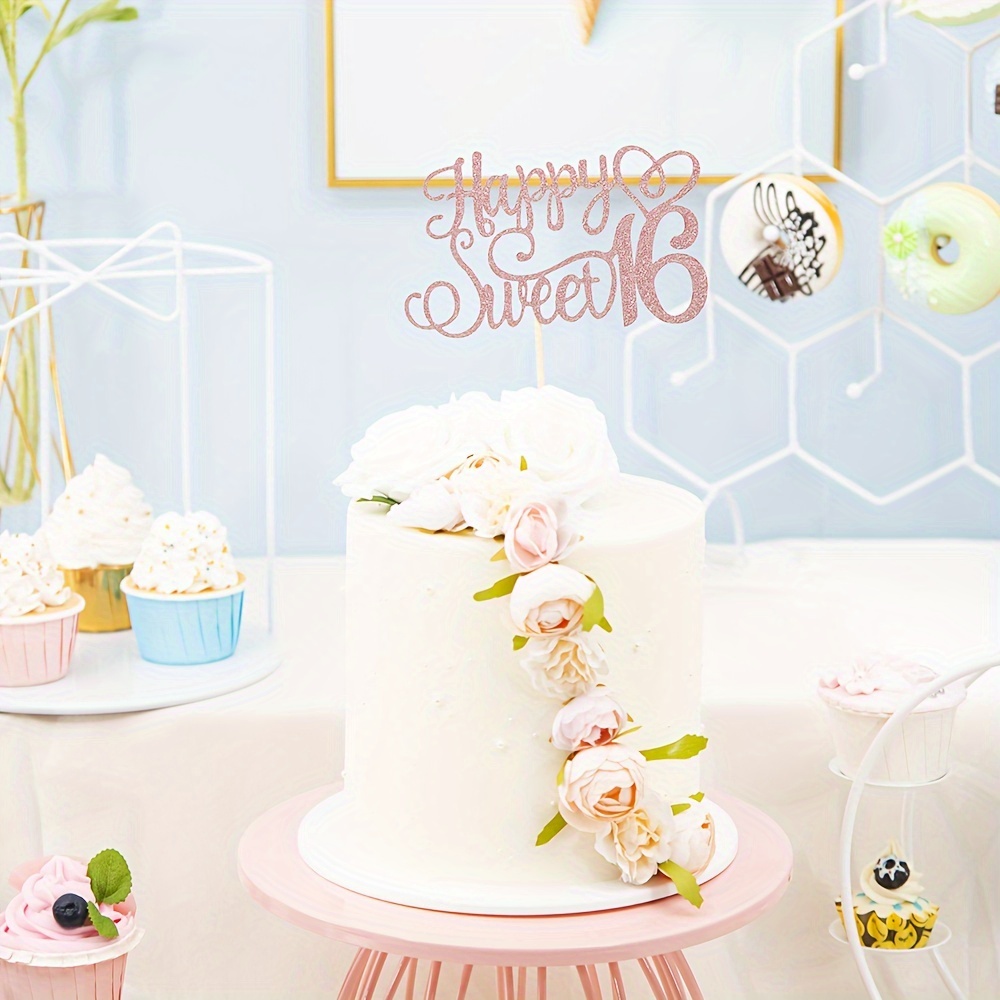 Topper Per Torta Sweet 16 Con Strass E Fascia Compleanno Oro Rosa - Decorazione Per Festa Di 16 Anni