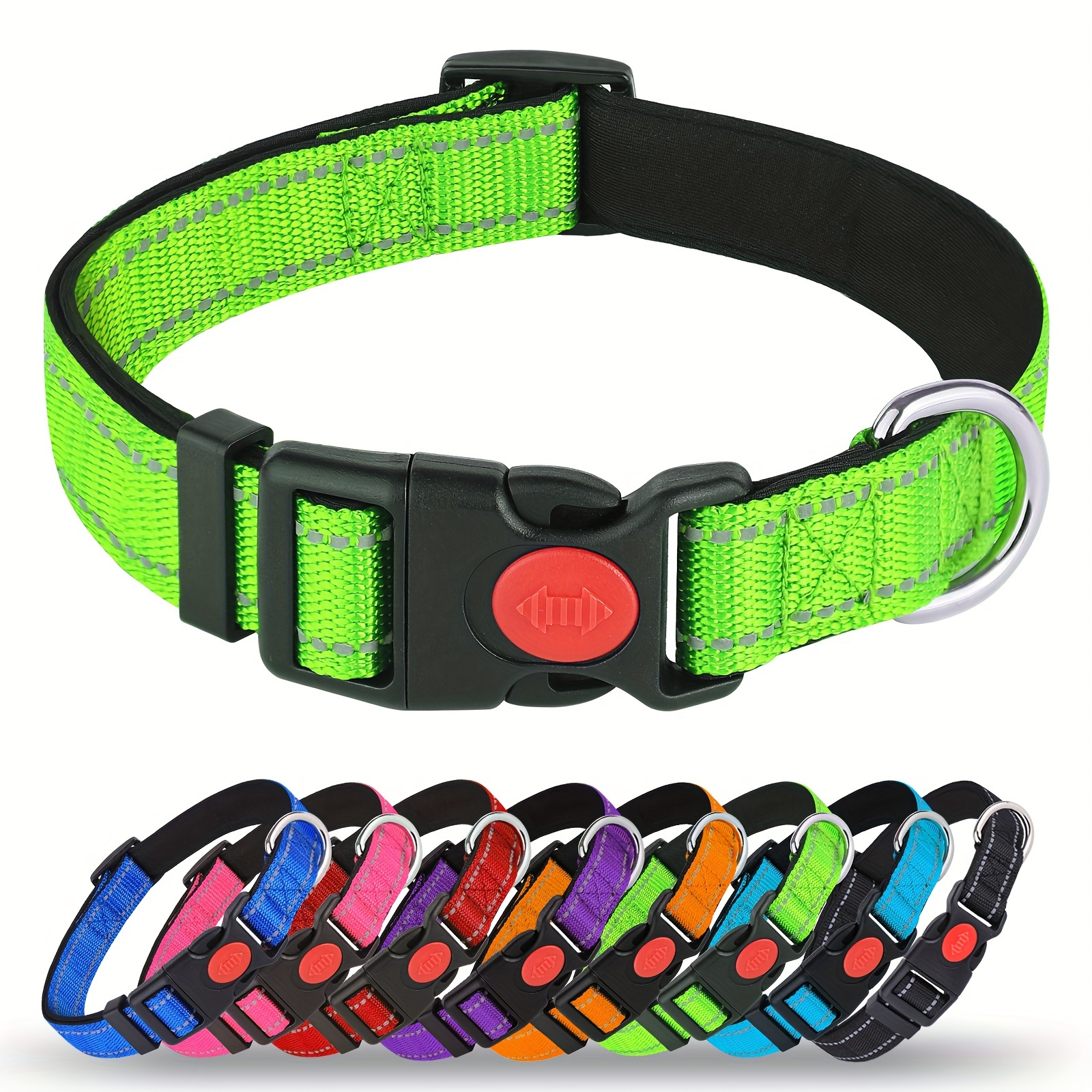 MITOOE 1pc Reflective Dog Collar with Safety Locking Buckle, Adjustable Soft Neoprene Padded, Breathable Nylon, Striped Pattern, Polyester Material for Small to Large Dogs