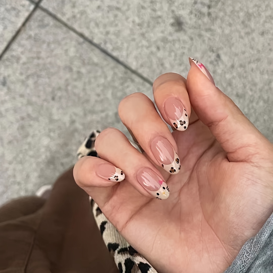 

1 Set Cute Cat & Leopard Print Press-on Nails, French Style Oval Shape, Medium Length, Mixed Color, , Animal Pattern, Removable False Nails For Beauty &