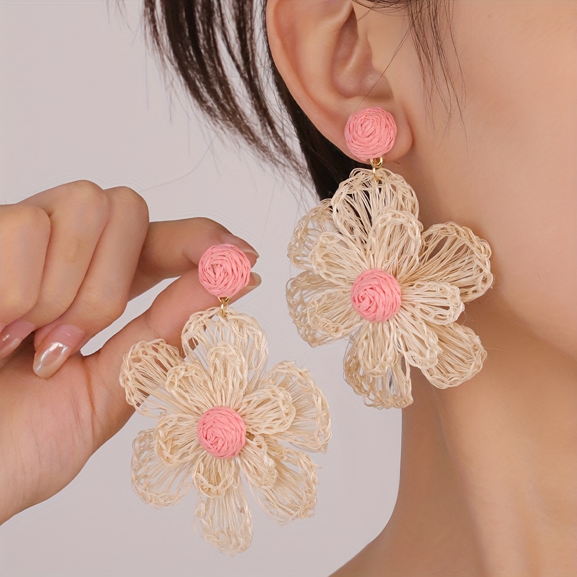 Boho Rattan Earrings For Women - Handmade Raffia Straw Wrapped Flower Dangle Earrings - Lightweight Statement Tropical Jewelry Gift