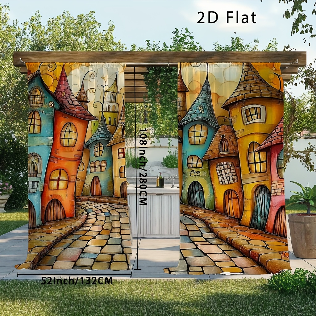 TEMU 2pcs, Hd Digital Colorful House Pattern Print Curtain, Curtains For Sliding Glass Door, Print Curtains, Farmhouse Style Curtains, Black Out