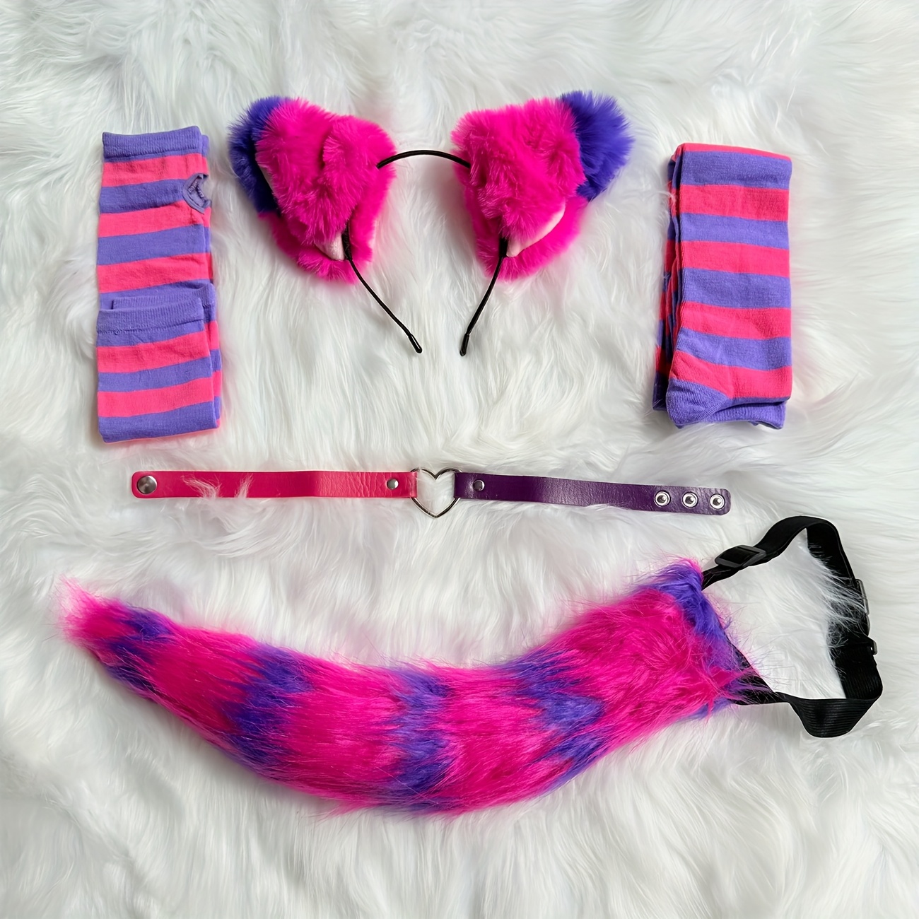 Festive Pink and Purple Striped Cat Costume Set with Headband and Tail