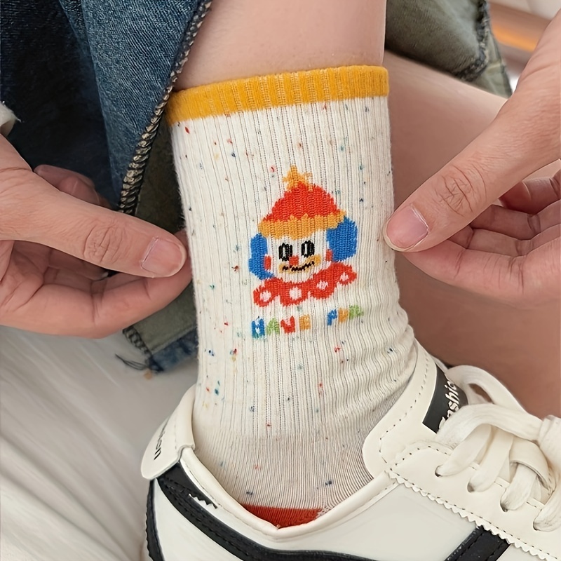 

3 Pairs Women's Mid-calf Cartoon Clown Pattern Cotton Socks, 72% Cotton, 25% Polyester, 3% Elastane, Knit Fabric, Hand Washable - Cute Autumn & Winter Stockings