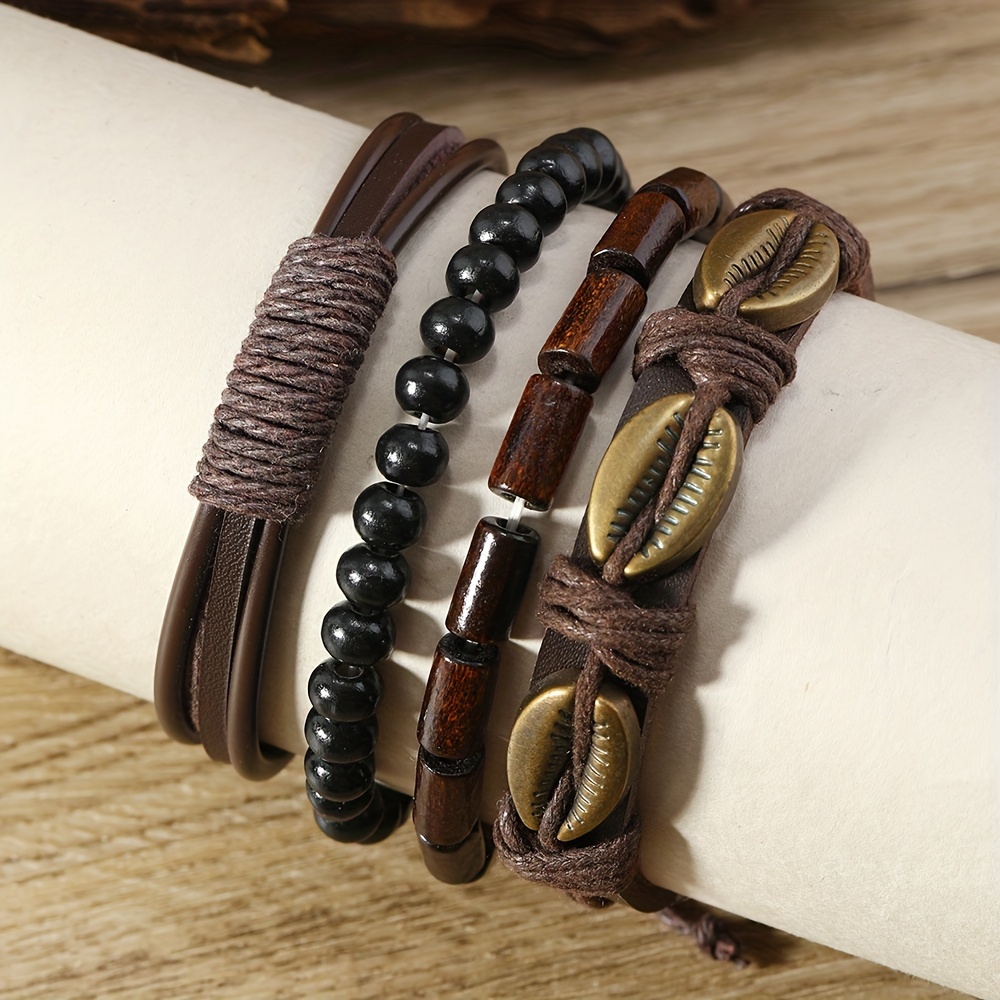 E-shop 4-teiliges Set modischer Retro-Stil Muschelperlen handgefertigter gewebter Kunstleder Armreif Armband