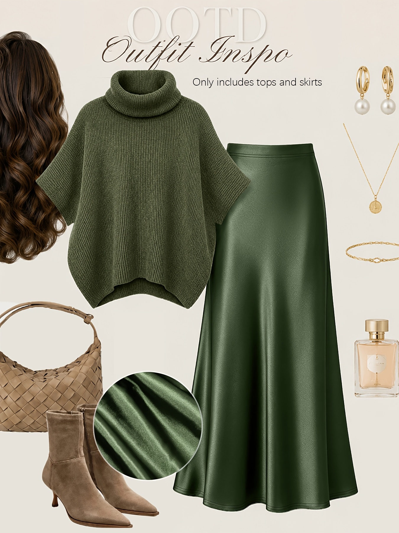 item picture autumn   lazy style turtleneck cloak sweater and premium satin fishtail half skirt   elegant   two piece set