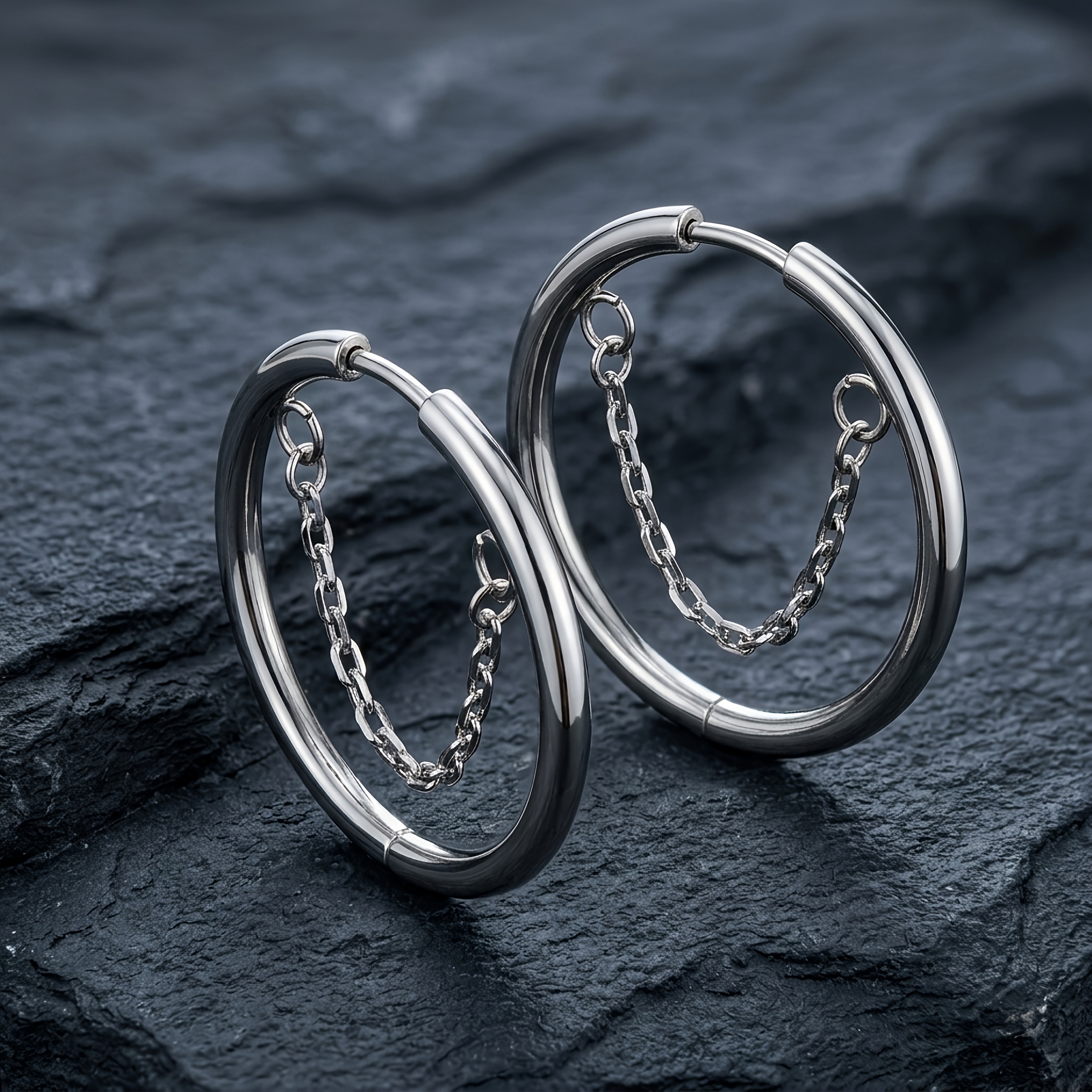 TEMU A Pair Of Titanium Steel Hoop Earrings With Chain, A Fashionable And -garde Earring Accessory Suitable For Men And Women. Ideal For Occasions