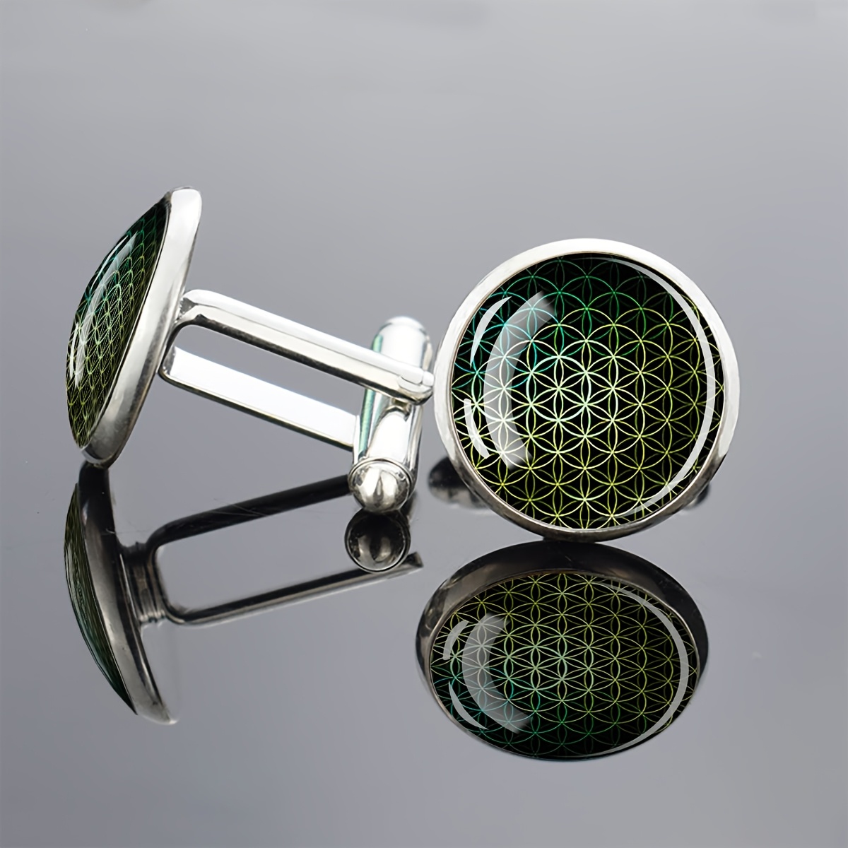 TEMU 1 Paire de Boutons de Manchette à Incrustation de Verre Motif Fleur de Vie, Cadeau Élégant pour Homme, Accessoire de Mode, Motif Sophistiqué,