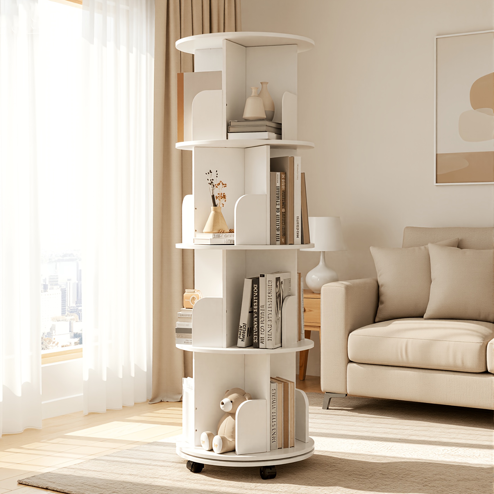 Image of 360° Rotating Bookshelf 4-tier Round White With Wheels Floor Standing Bookcase 46x130cm Storage Rack For Living Room Bedroom Home Office
