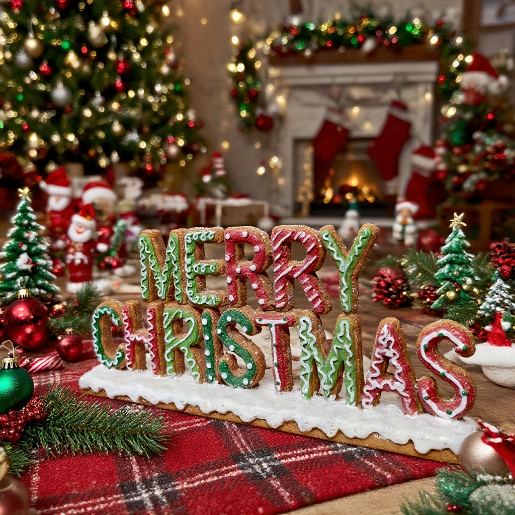 Image of "merry Christmas": Gingerbread-textured Sign In Christmas Hues, With Frosting. Ideal For Christmas Home Decor, Desktop Display, Or Scene Setup Holiday Joy And .
