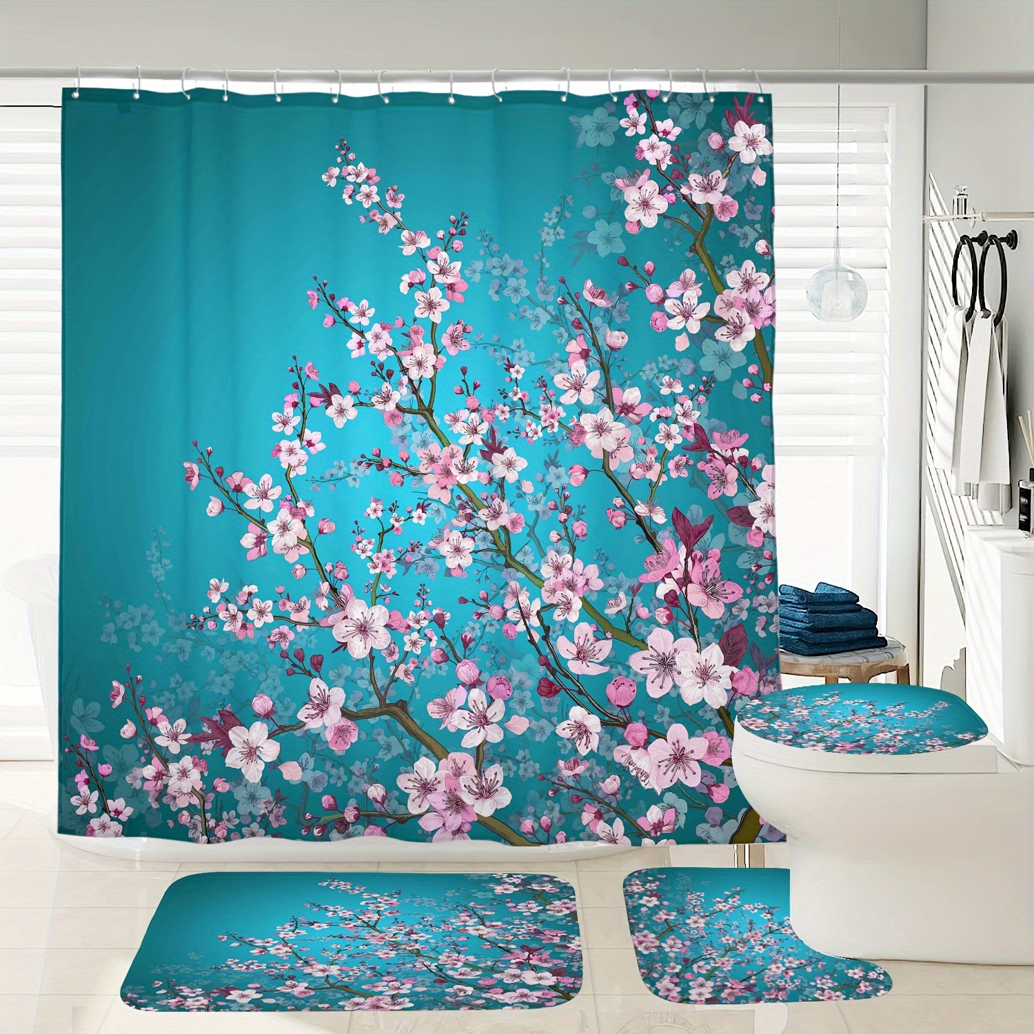 

1/3/4pcs Japanese Cherry Digital Printed Waterproof Shower Curtain Toilet Seat Bath Mat Set, With 12 Plastic Hooks, 72 Inches X 72 Inches
