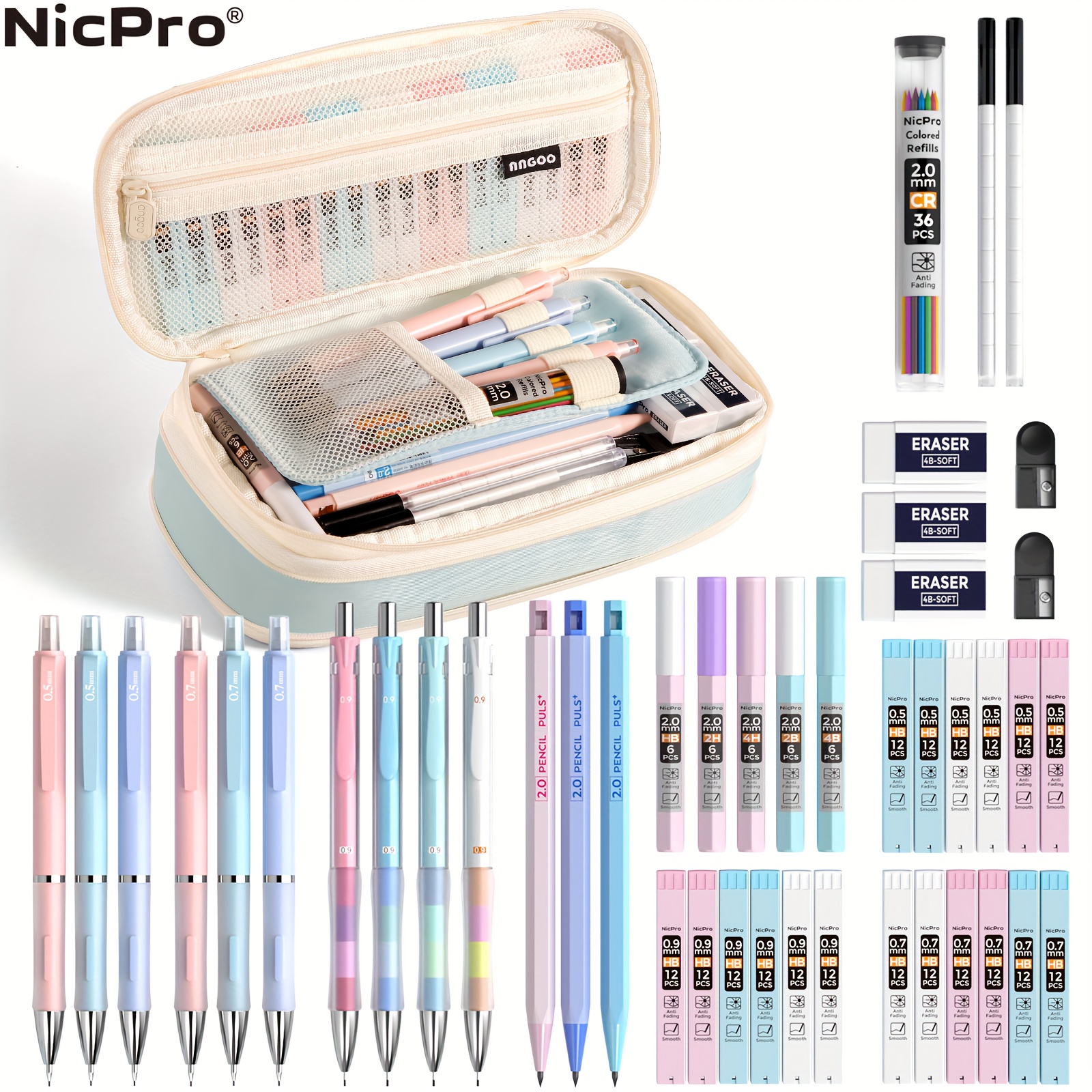 

Nicpro 45pcs Aesthetic School Supplies With Big Capacity Pen Case, Pastel Mechanical Pencils 0.5, 0.7, 0.9, 2mm With 24 Tube Lead Refills (4b 2b Hb 2h 4h Colors) Erasers For Student Writing Drawing