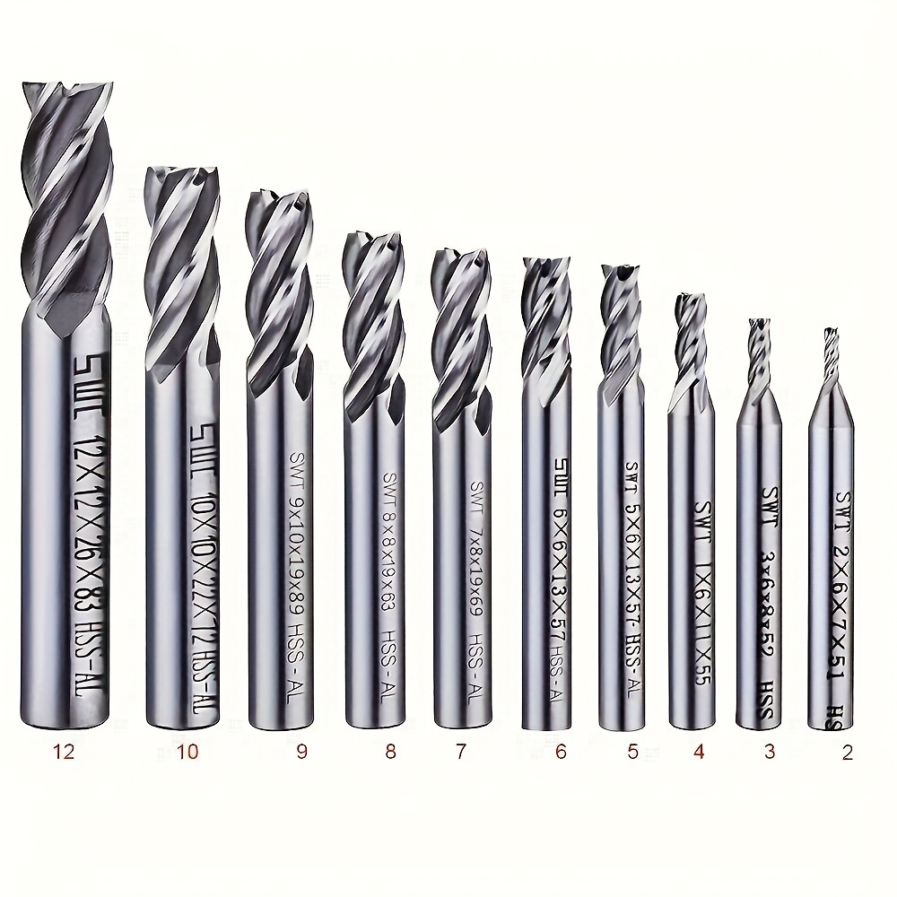 E-shop HSS-Fräser für CNC-Drehmaschinen mit geradem Schaft, 2-12mm, 4-Spiralflügel Fräserset, Fräser-Bit 2/3/4/5/6/7/8/9/10/12mm
