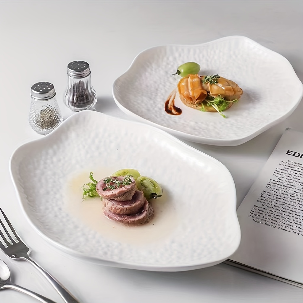 1pc Ceramic French-Style Fan Plate with Irregular Shape - Elegant Asymmetric Dish for Steak, Salads, Pasta, Desserts - for all types of cuisines (Modern for special occasion or Everyday Dining)