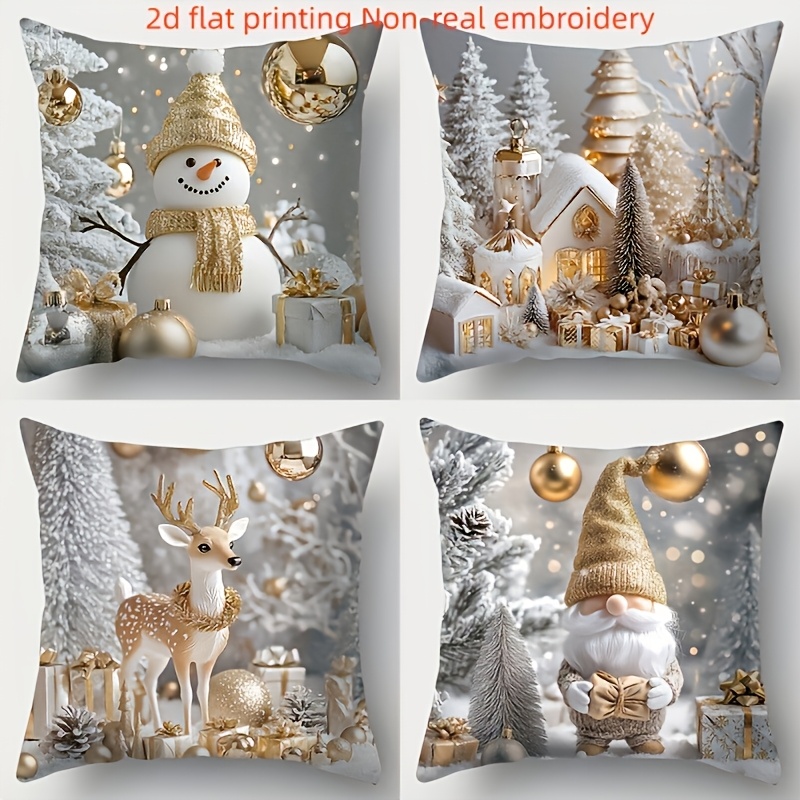 TEMU 2d Flat 4pcs Christmas Throw Pillow Covers, 2d Flat Double-sided Print, Golden Accent Snowman, Xmas Cabin, Reindeer & Golden Hat Elf Pattern