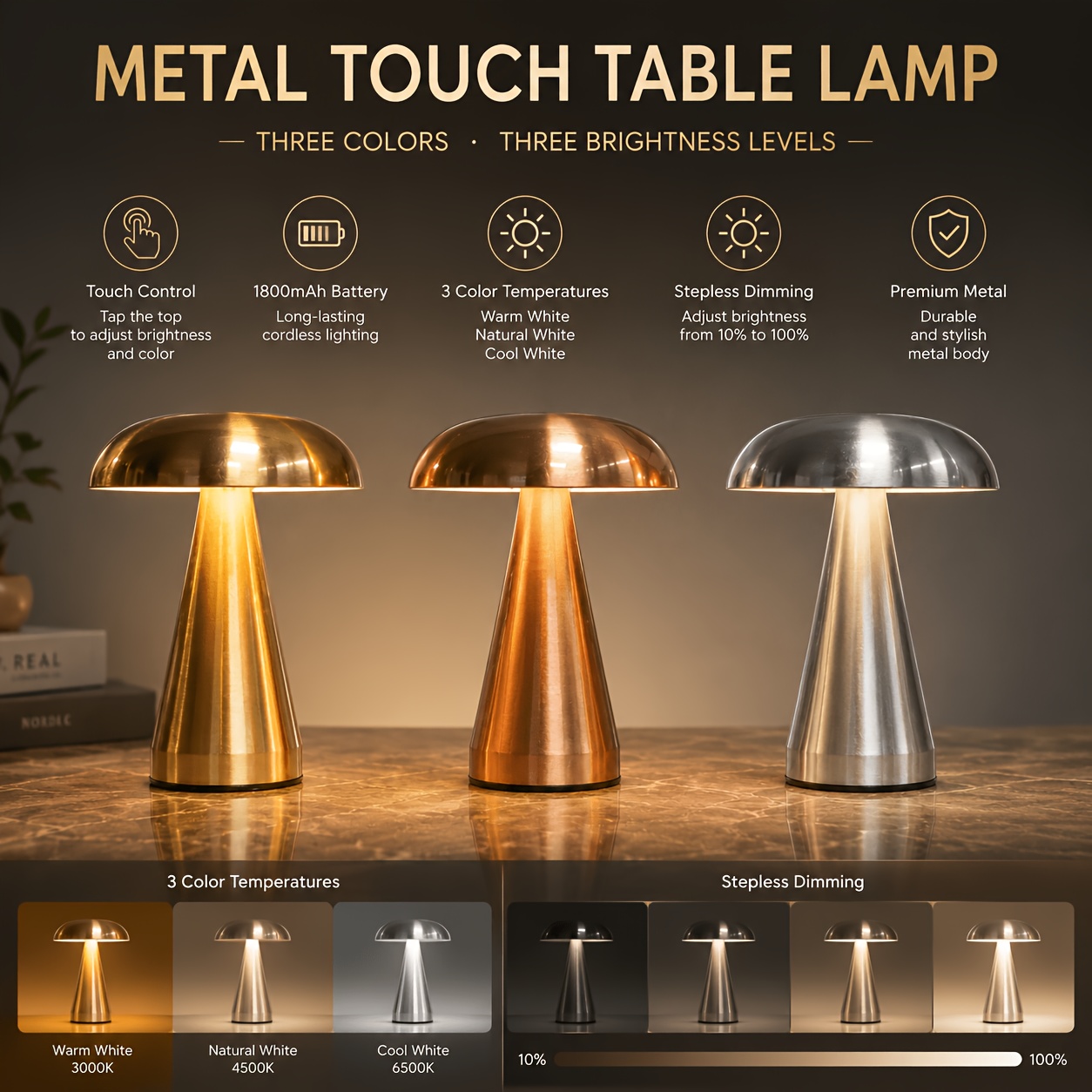 Metal Mushroom Table Lamp with Touch Control