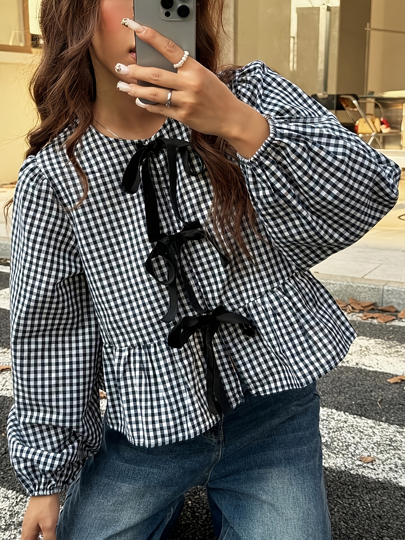 トップス Kitty gingham check ribbon tie blouse BL gingham blouse sold on Temu United States
