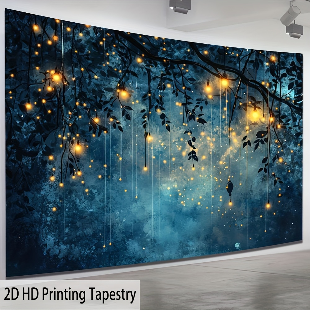TEMU 2d Flat - [2d Flat Printing] 1pc Firefly Forest Wall Tapestry - Polyester Art With Glowing Lanterns And Greenery, Dark , Living Room, Bedroom,