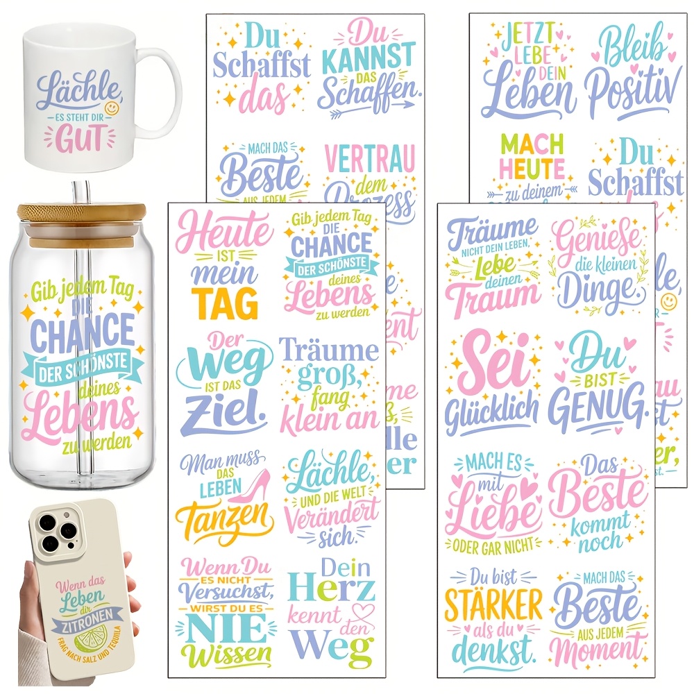 Image of Uv Dtf German Inspirational Quotes Transfers 32pcs German Quotes For Cup For Glass Decorative Rub On Transfer Home Decor For Furniture, Glass, Ceramic & Crafts Self-adhesive Single Use Home Decor