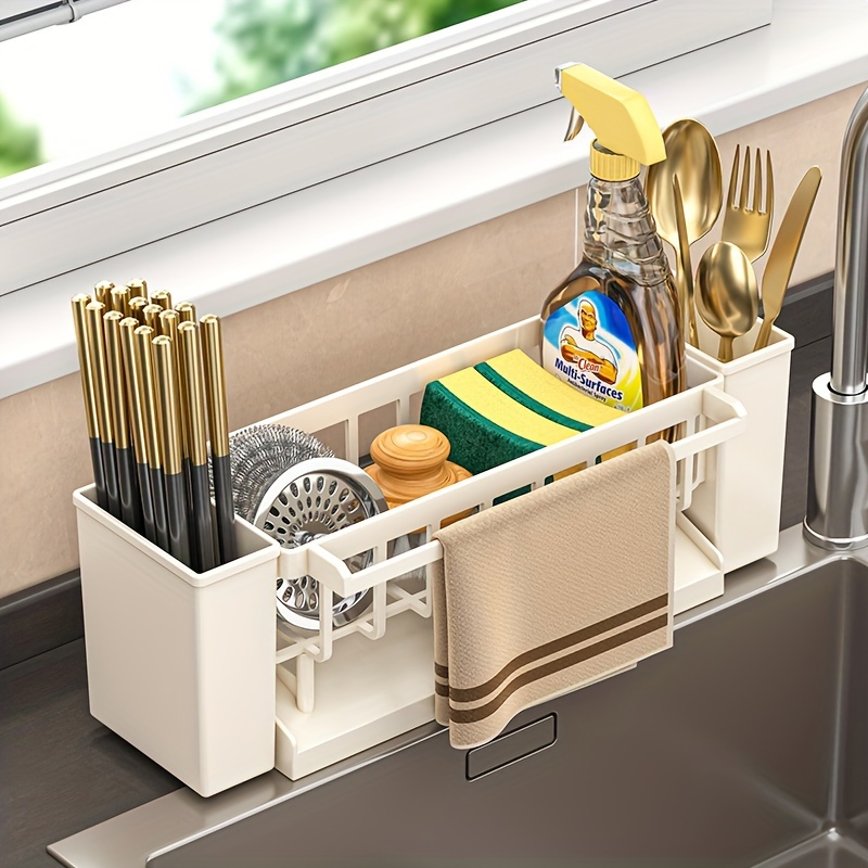 

Multi-functional Kitchen Sink Organizer - Dishcloth & Sponge Holder With Drain Basket, Plastic Storage Rack For Countertop, Drainage, Steel Ball, Dishwashing Liquid