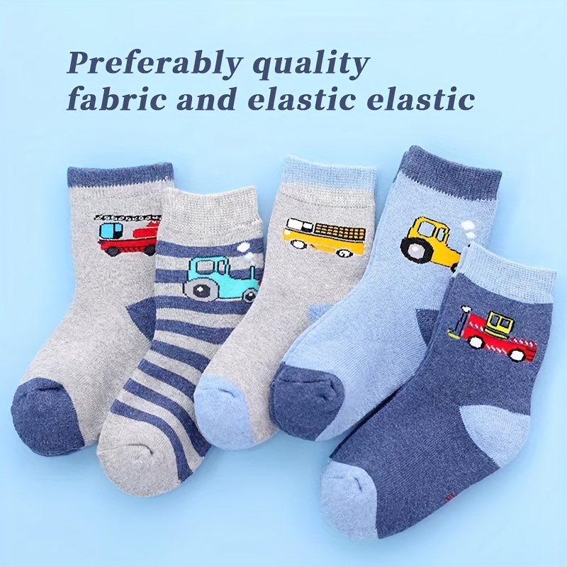 5pcs Cozy Youngsters' Fleece-Lined Warm Hoop Socks - Thick, Soft Polyester Blend with Fun Car Patterns, Stripes & Solid Colors - Perfect for Boys & Girls Fall/Winter Daily Wear, Cute Socks