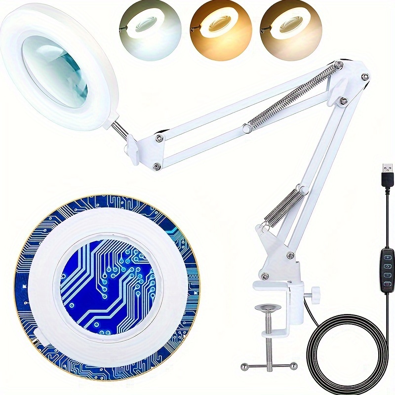 TEMU Loupe avec lumière et support, lampe de bureau grossissante 5X, lentille en verre de 4.3 pouces, 3 modes de couleur, continue, loupes pour de