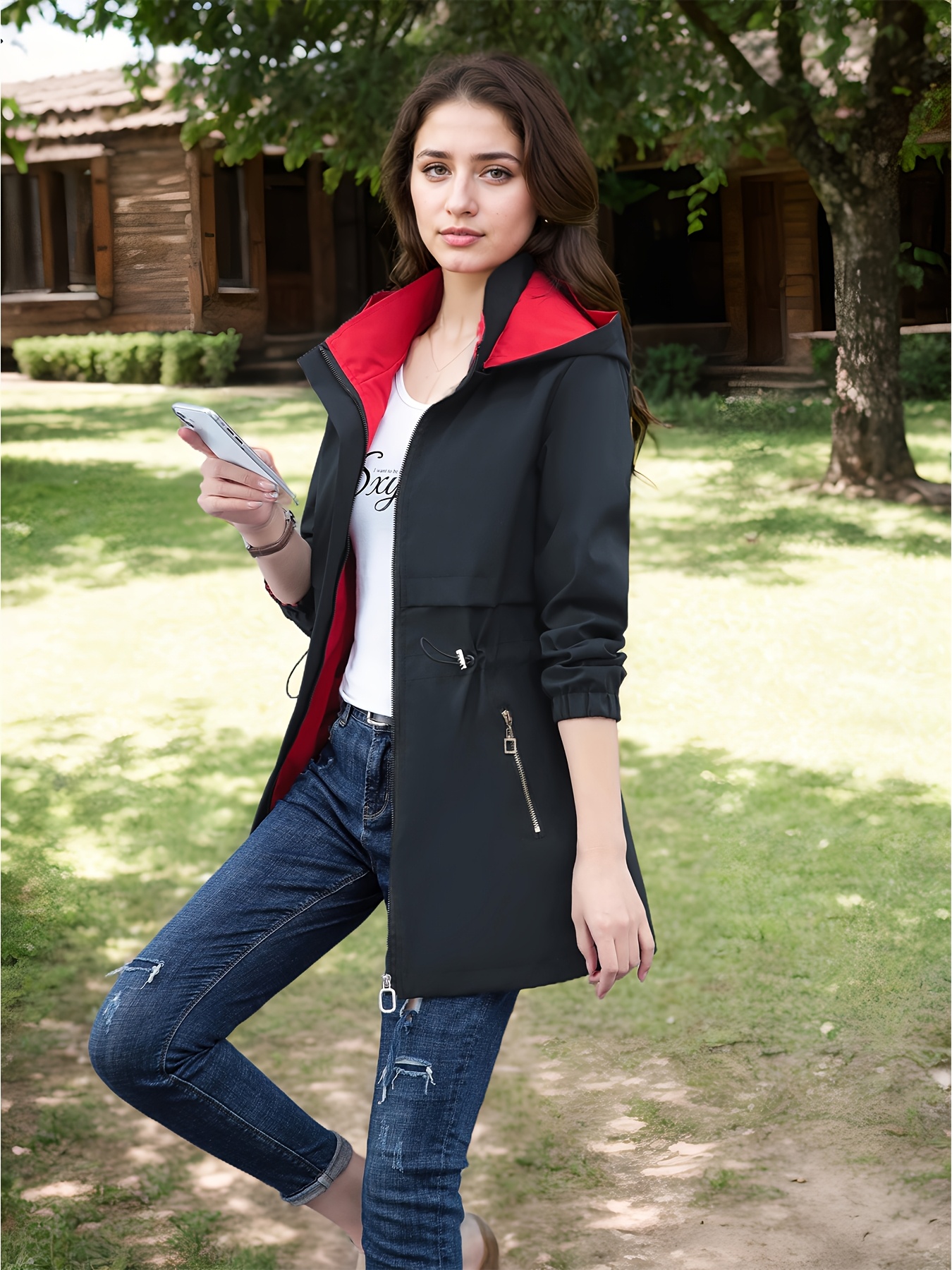 2024 new womens hooded windbreaker jacket   length casual coat with adjustable drawstring waist zipper closure button details solid color for   outdoor wear nonstretch fabric details 12