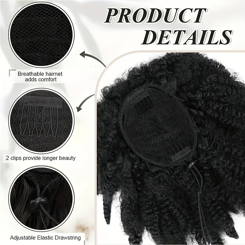   14 afro   ponytail extension with clips synthetic hair drawstring ponytail for women black secure hold natural look versatile styling for all   ponytail hair clip details 6