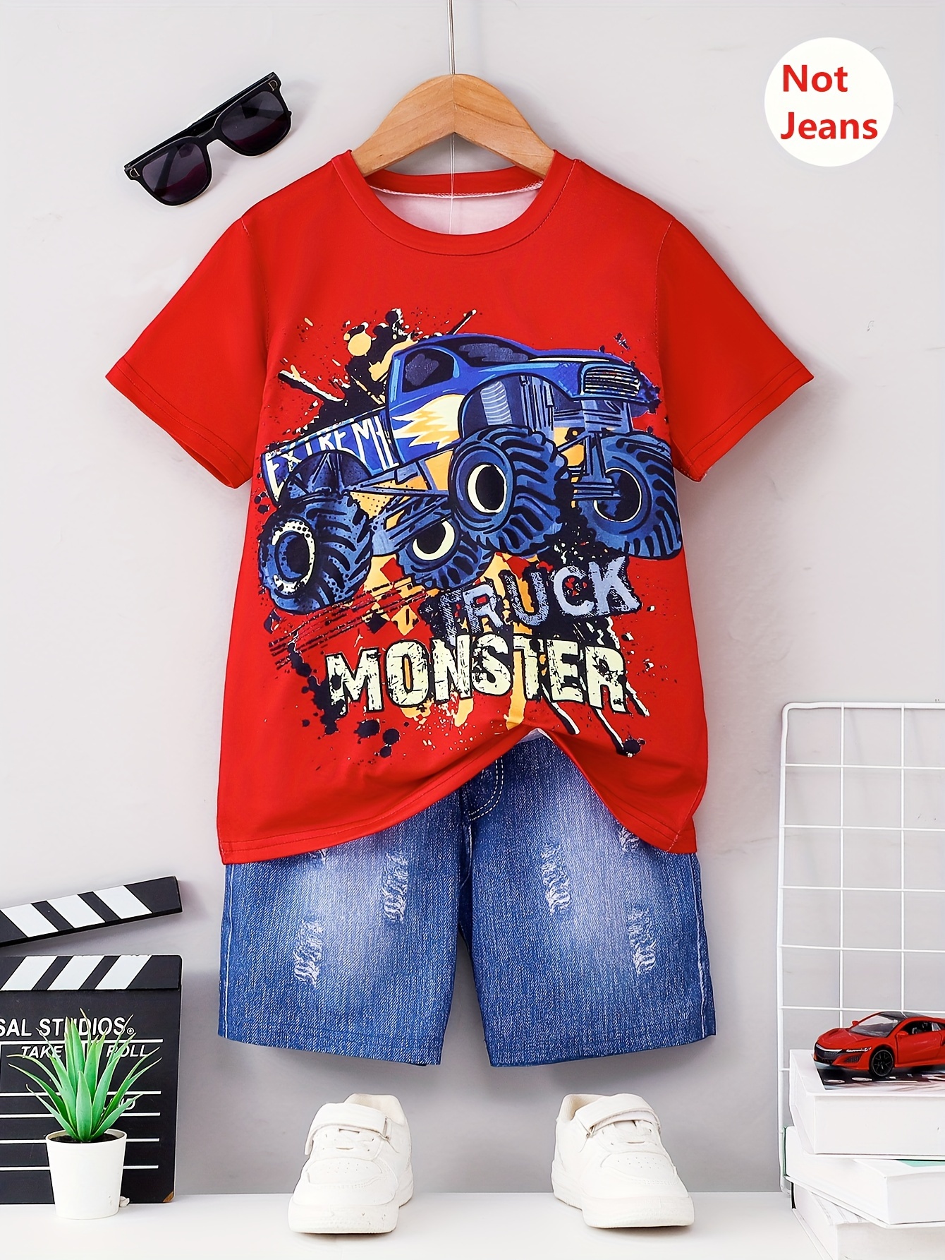 2PCS Boys Casual Monster Truck Print Versatile Short Sleeve T-Shirt & Imitation Denim Shorts Set Cool Lightweight And Comfy Summ