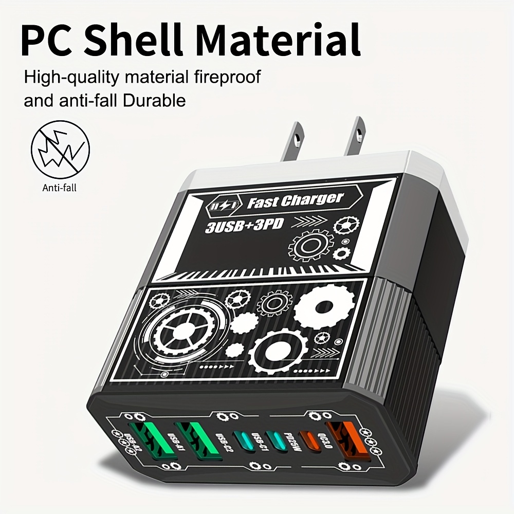 3USB + 3PD Total 40W Mobile Phone Fast Charging Adapter, US Plug 6 Ports Charger QC3.0 Fast Charging for iPhone for Samsung Travel Charger Wall Charger, Multidevice Charging, Spacesaving Charger, Compact Charger, Efficient Charging Technology, Sturdy