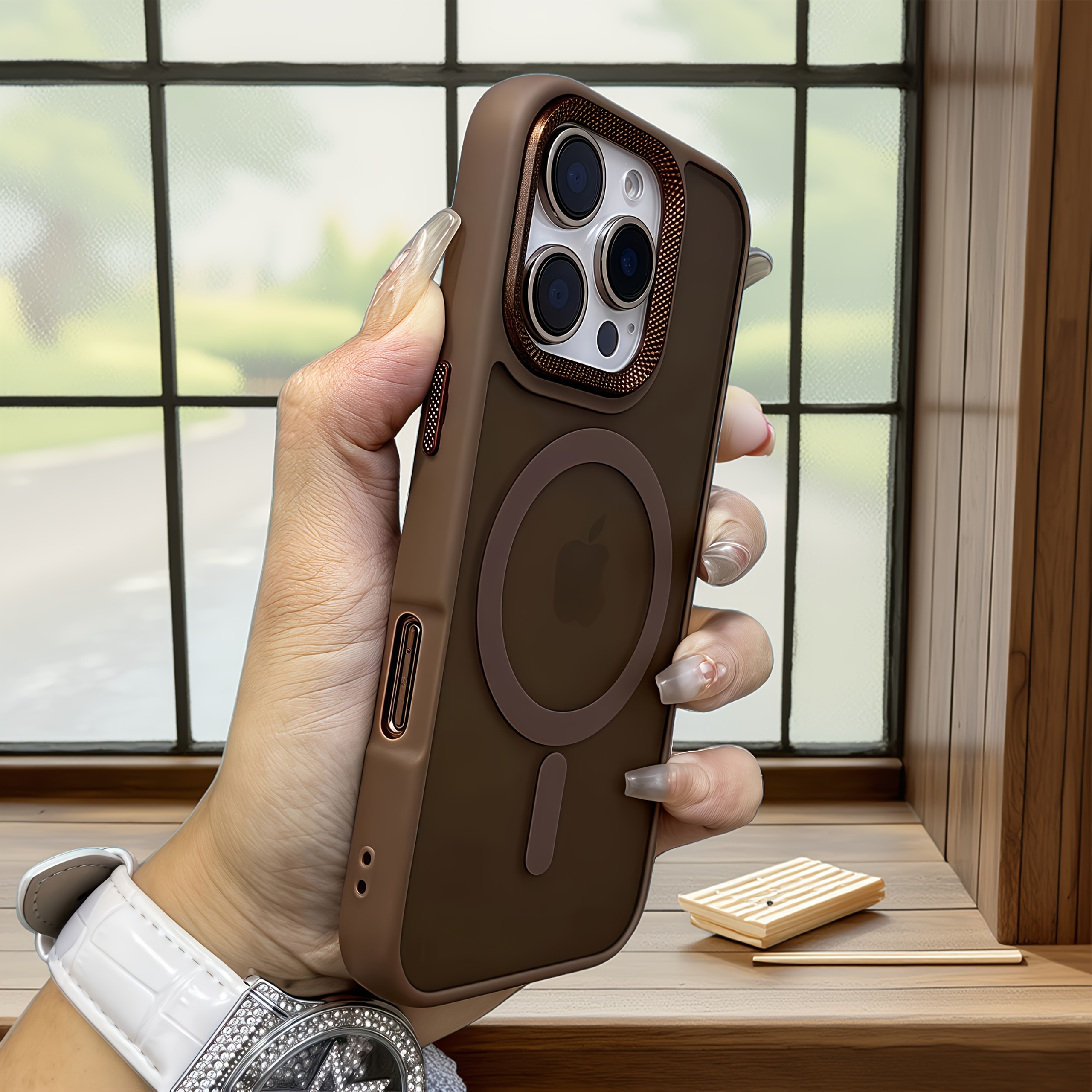 TEMU Luxurious Magnetic Matte Semi Transparent Wireless Charging Phone Case, With Exquisite Decoration Of Metal Texture On The Of , Than The Camera