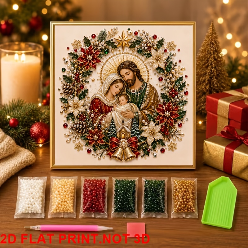 TEMU New Colored Pearl Diamond Painting Kit, Christmas Theme Diamond Painting, Holy Family And Wreath Decorative Pattern, Suitable For Beginners, For