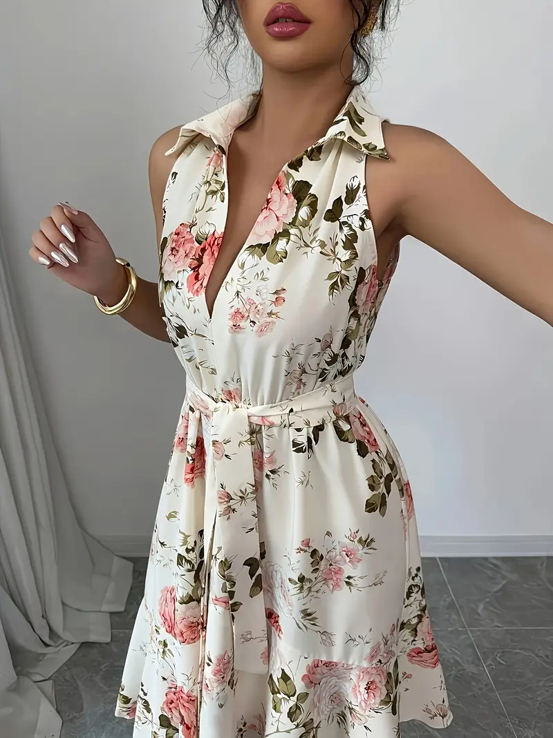 elegant floral print v neck dress for women sleeveless tie waist lightweight summer dress with lace up detail casual or formal occasions cute dress Product details 3