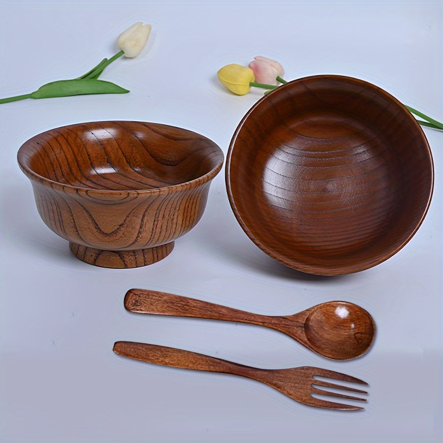 

1 Set Wooden Bowl With Spoon And Fork 3pcs Set Reverse Edge Hidden Style Wooden Bowl Wooden Ethnic Style Milk Tea Bowl Creative Solid Wood Rice Bowl Set