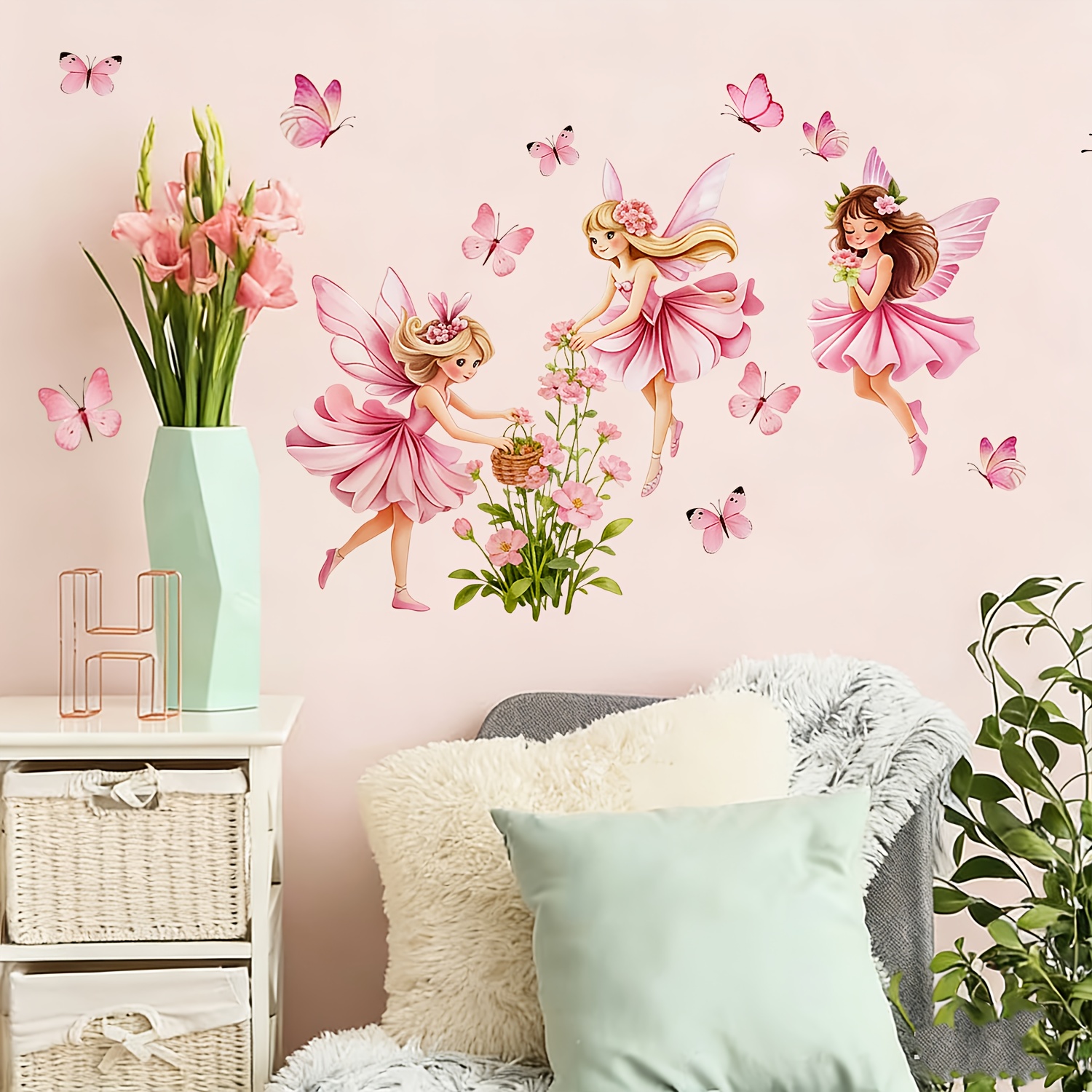 Image of Fairy Flower Wall Stickers, Self-adhesive And Removable, Suitable For Bedrooms, Living Rooms, Refrigerator Doors, Cabinet Doors, Floral Wall Decorations, Perfect For Decorating Women's Bedrooms