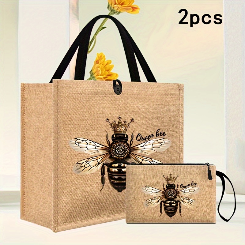 

Bee & 2pcs Set - Burlap Shopping Bag Matching Makeup , Portable For Women