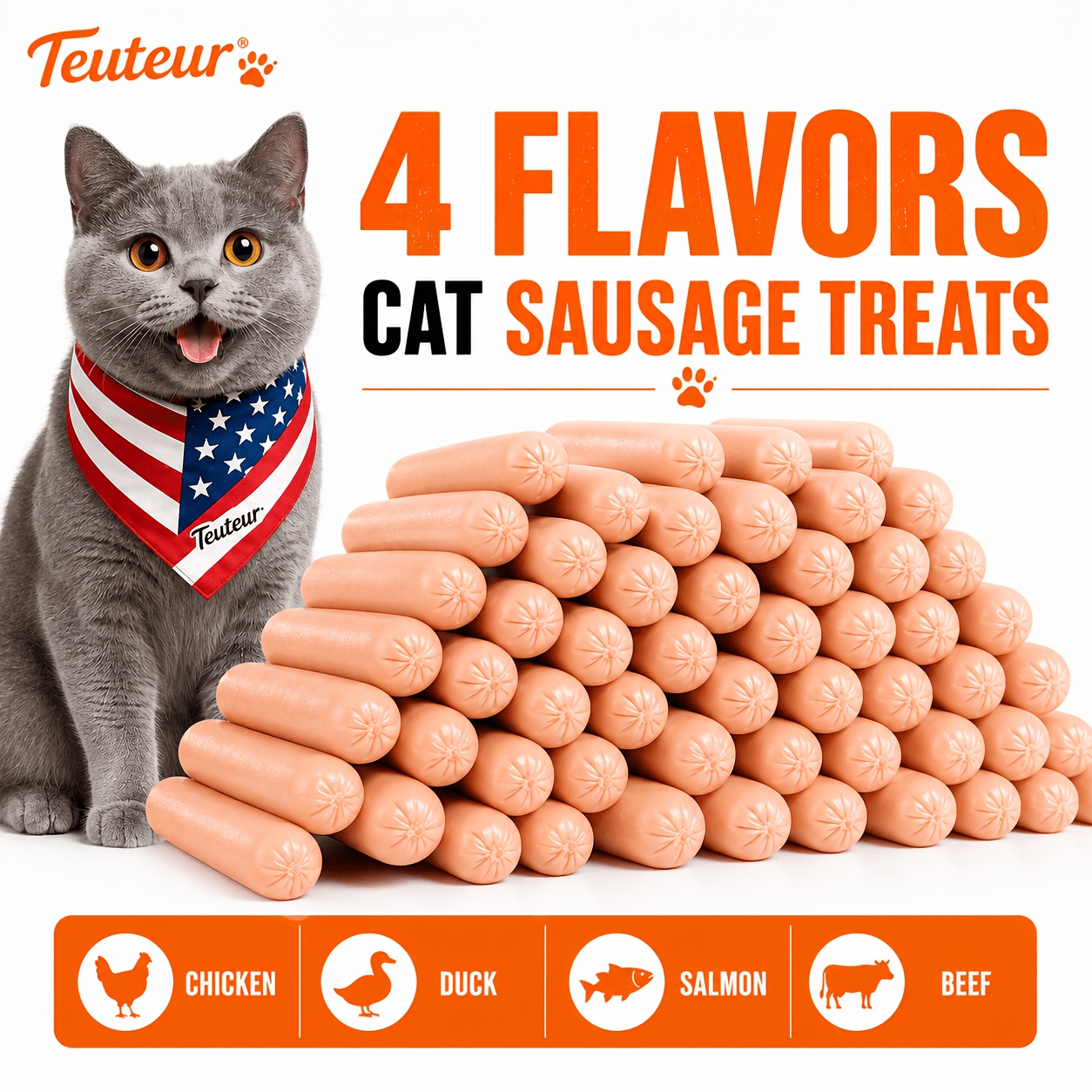 4 Flavor Cat Treat Sausage Sticks Suitable For Kittens & Adult Cats - Chicken Duck Salmon Beef Soft Chewable Jerky Snacks, Protein-rich For Training, Picky Eater Pets, Bagged Pet For -the- Feeding