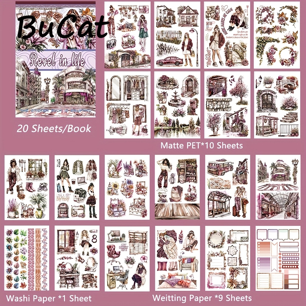 20 Sheets Bucat Pet Sticker Set, Matte & Glossy Dual-material, Pre-cut Waterproof Washi Stickers, Aesthetic Scrapbooking & Journaling Decoration Kit