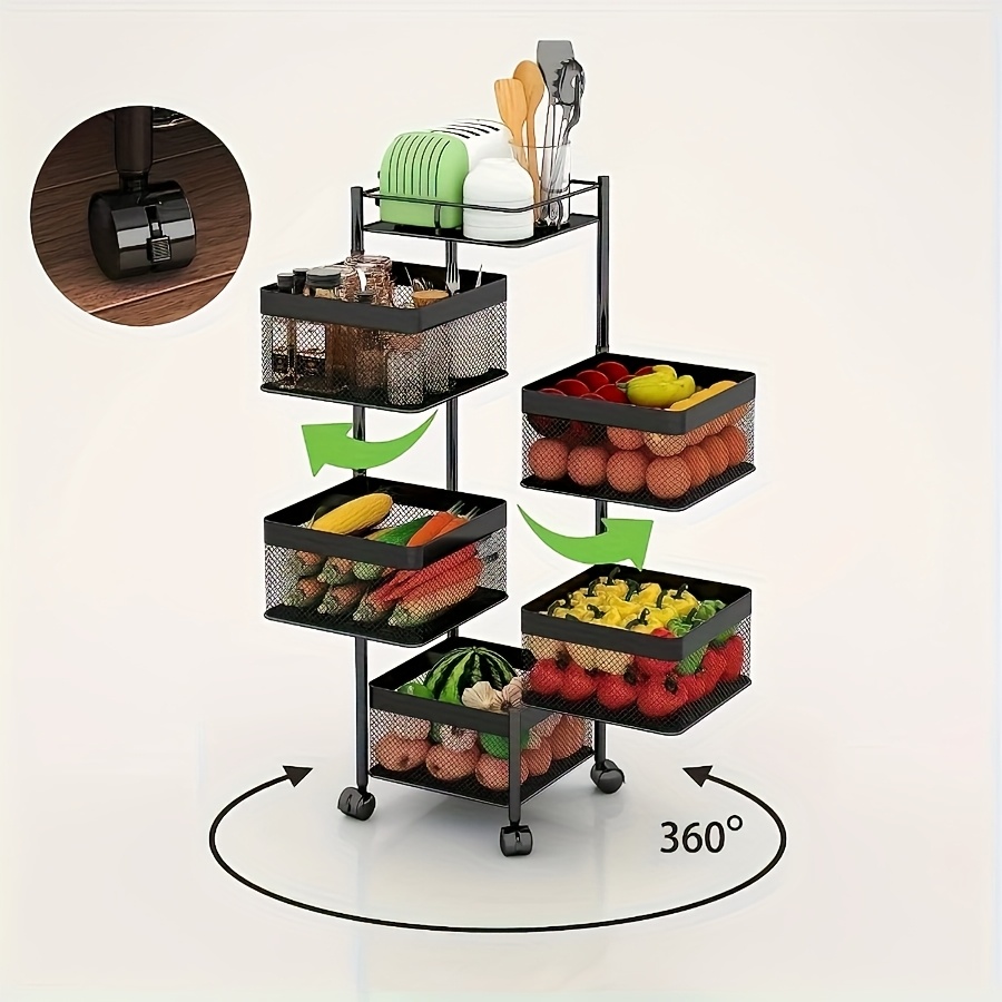 Rotating Kitchen Storage Rack 5 Layers, Metal Fruit And Vegetable Storage Basket Multi-layer Vegetable Rack Storage Wheels, Floor Vertical Basket, Kitchen Bathroom, Square, Vertical Rack