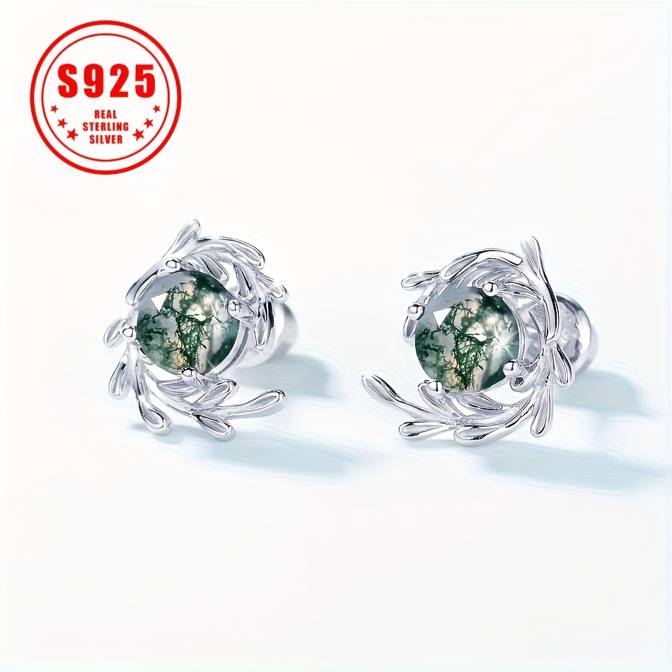 

925 Sterling Silver Moss Agate Flower Stud Earrings - Hypoallergenic, , Style, Suitable For Fashion- Men And Women.2.34g/0.08oz