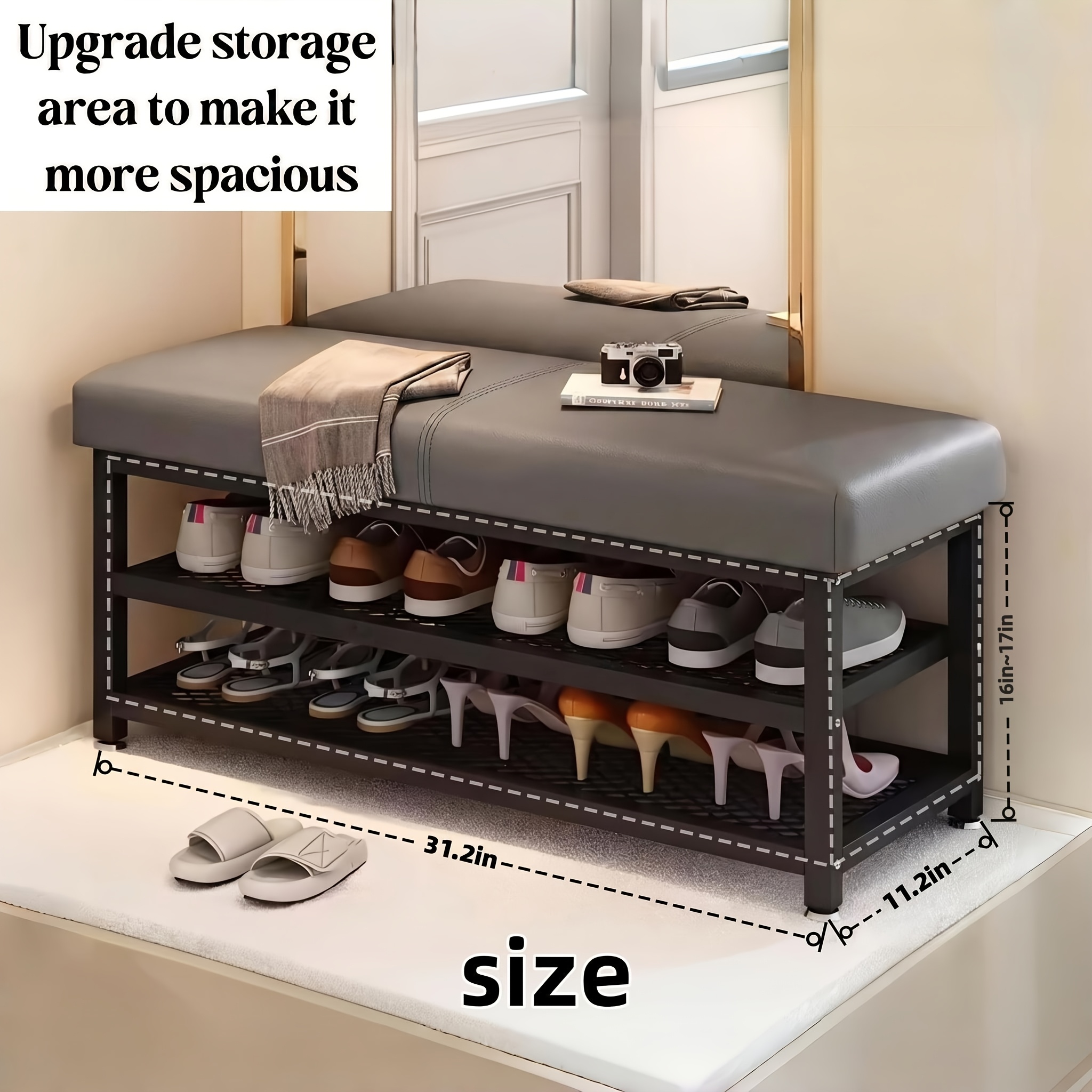TEMU Soft Cushion Shoe Changing Stool, Shoe Rack, Storage Stool, Shoe Cabinet, Easy To Assemble Metal Frame, Space Saving Shoe Rack, Suitable For Use