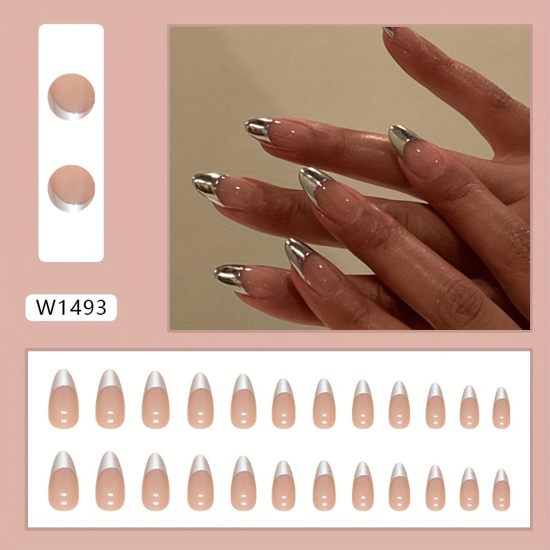 24pcs set medium almond slivery french tip fake nails glossy simple french style acrylic nails nude pinkish full cover glue on nails for women girls manicure decorations details 2