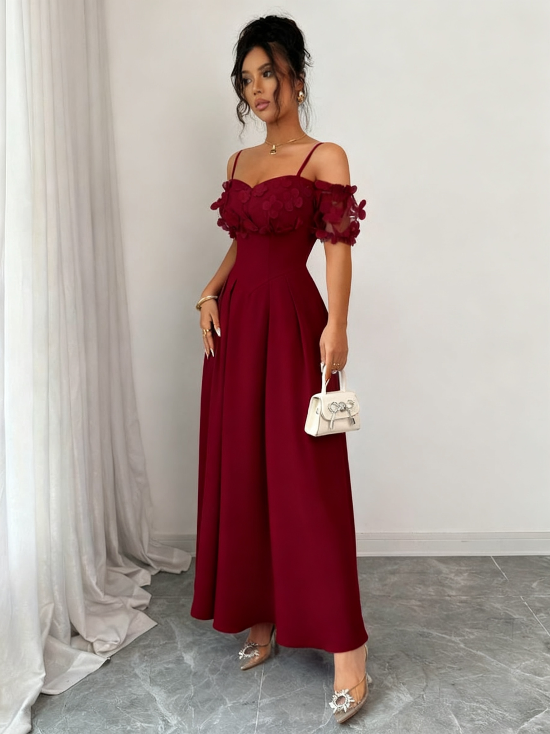 chinese dress ladies CHICWISH Women 3D Floral Applique Maxi Dress Shoulder Tie Strap Square Neck  Elegant Party Long Mesh Tulle Dress Apricot at Amazon Women's Clothing store