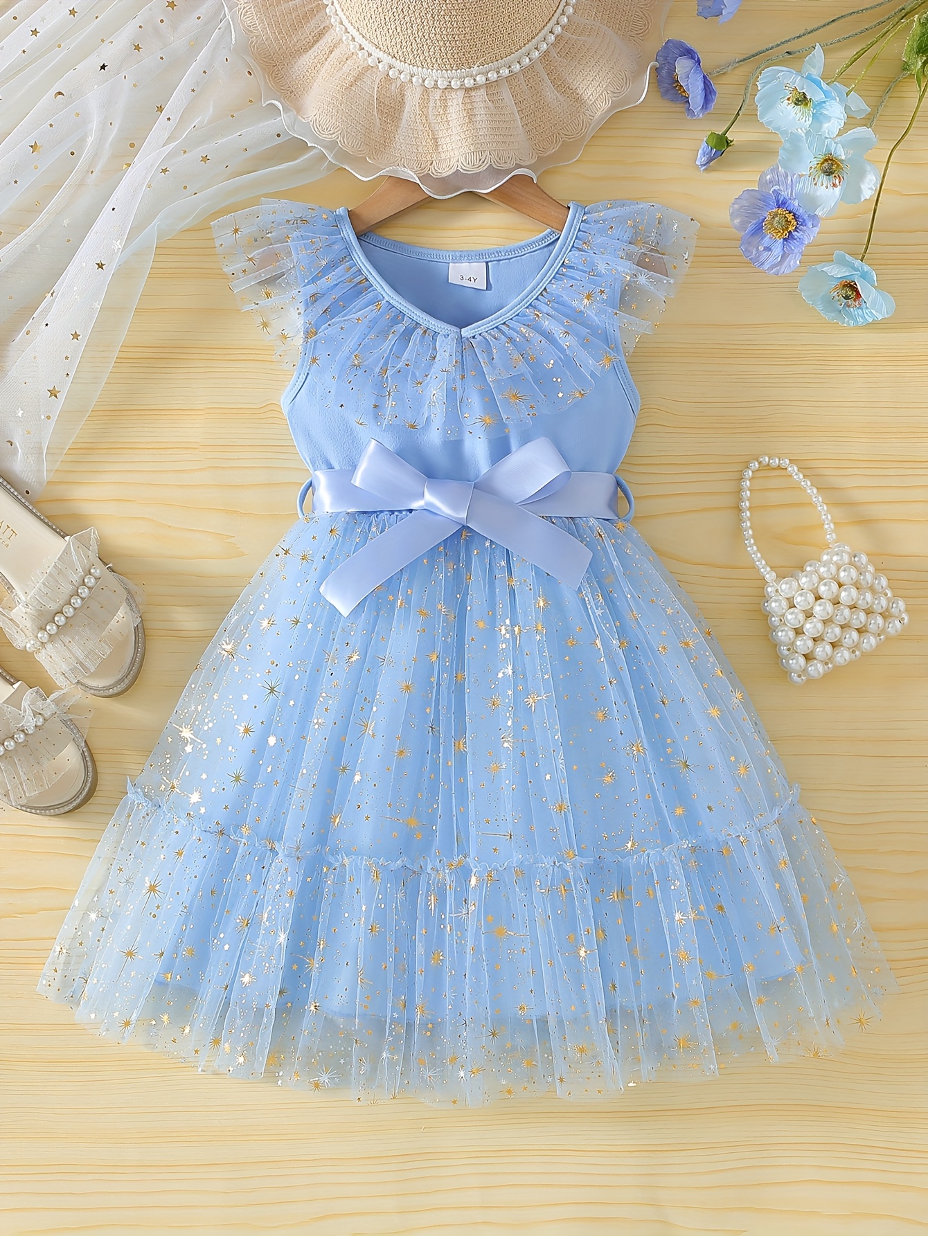 * Stylish and Elegant Girls' Summer Casual Dress, Sleeveless with  Heart-Shaped Neckline, Ruffle Sleeve * Sequin Print, Mesh Tulle Flounce  Skirt with Belt, Suitable for 3-* Years Old, for Birthday ...