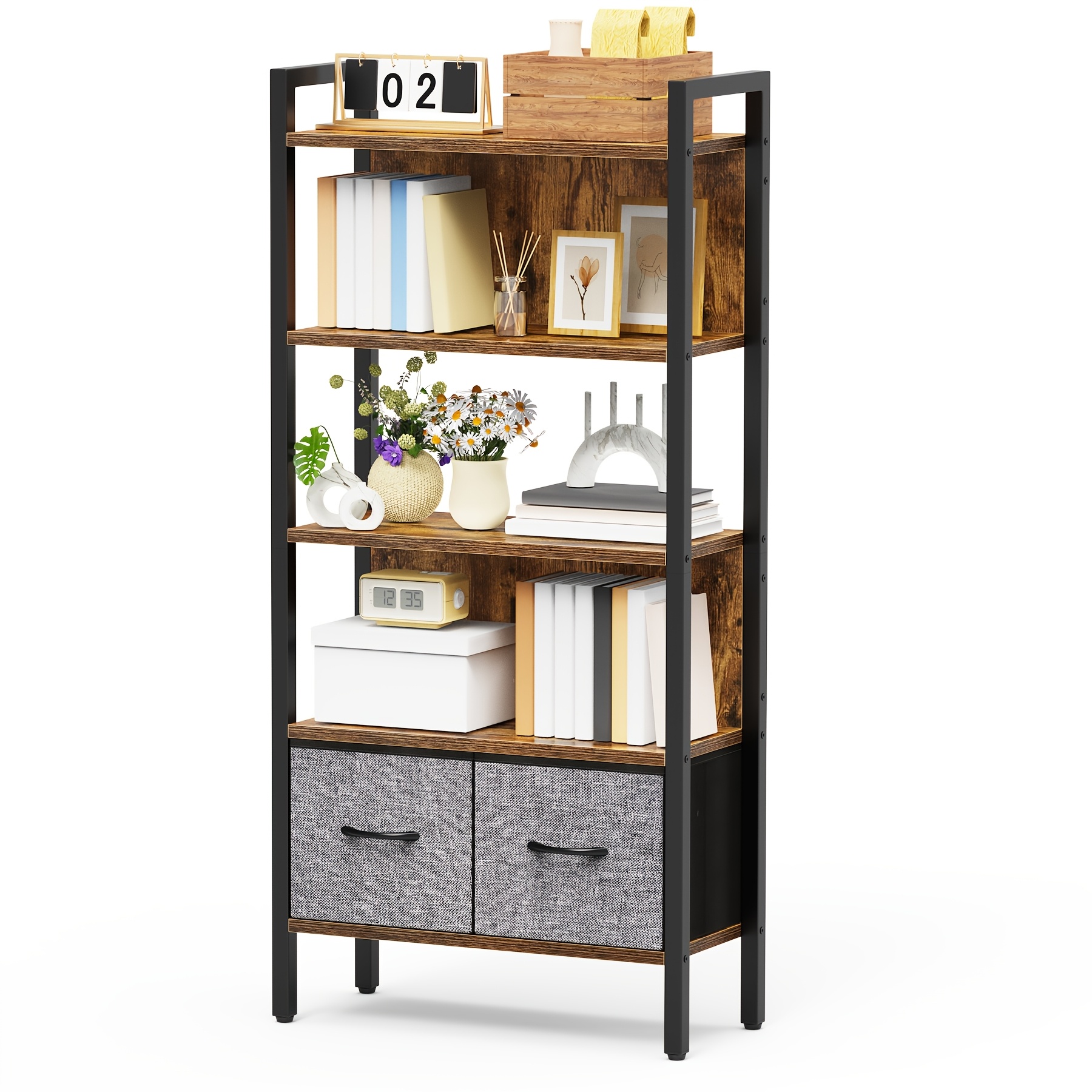 

bookshelf With Drawer, 5-tier Tall Bookcase, Rustic Brown Storage Rack With Open Shelves