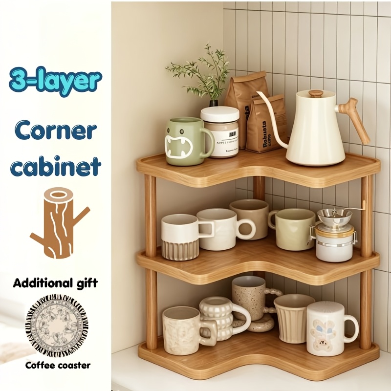 TEMU 1pc Wooden Triangular Shaped Cabinet - With 1 Coaster, Design Suitable For Wall Corner Space Storage, Storage Of Coffee Utensils, Cups, Kitchen