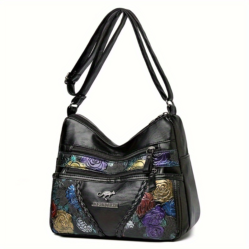 TEMU Women' Floral Large Capacity Crossbody Shoulder Bag, Soft Pu Leather With Adjustable Strap