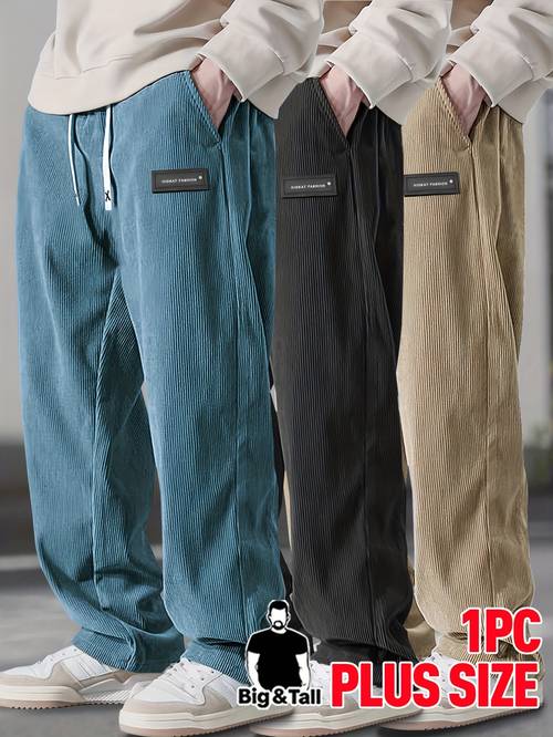 mens plus size corduroy pants elastic waistband with drawstring casual sporty style solid color comfortable for outdoor activities wear plus size