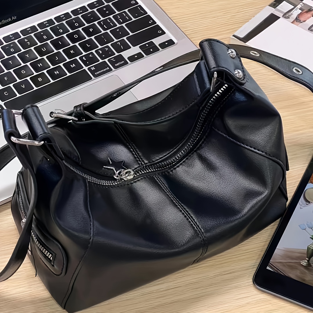 

[ Accessory] Elegant Black Leather Crossbody Tote Bag For Women - Chic Shoulder Hobo Handbag With Zipper Closure And Polyester Lining, Ideal For Work & Use, Small Crossbody Bag