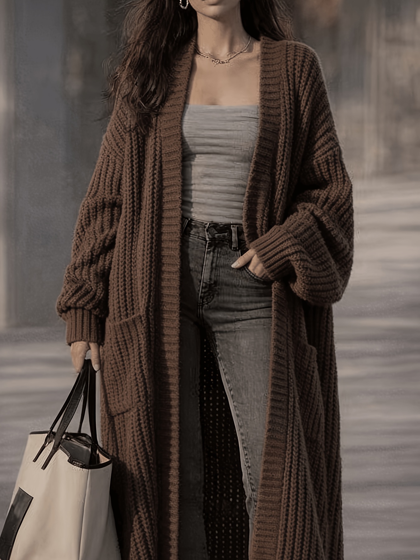 womens solid color pocketed cardigan casual long sleeve open front sweater