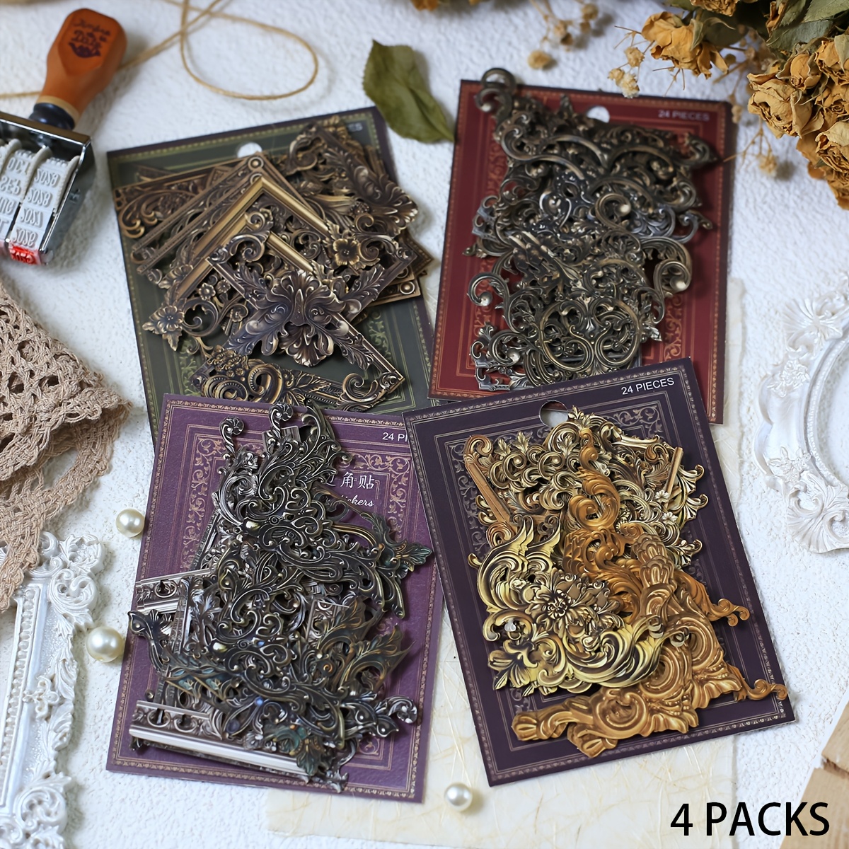 E-shop 4 PACKS Vintage Eckdekoration 96 Stück Aufkleber Papier Material Hohle Aufkleber für Scrapbooking Junk Journal Tagebuch Hintergrund Dekorative